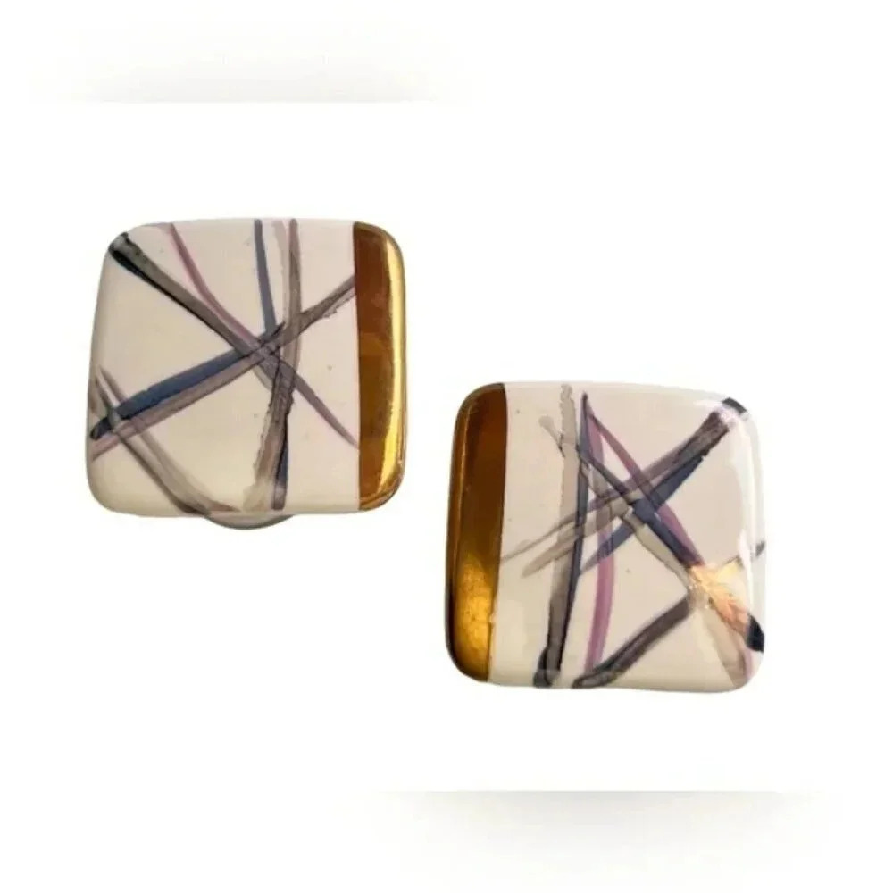 Vintage White Ceramic Painted Striped Square Stud Earrings Gold Tone
